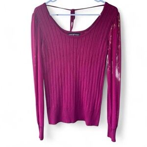 Almost Famous Magenta Ribbed Knit Sweater Top with Sheer Sleeves – Size L